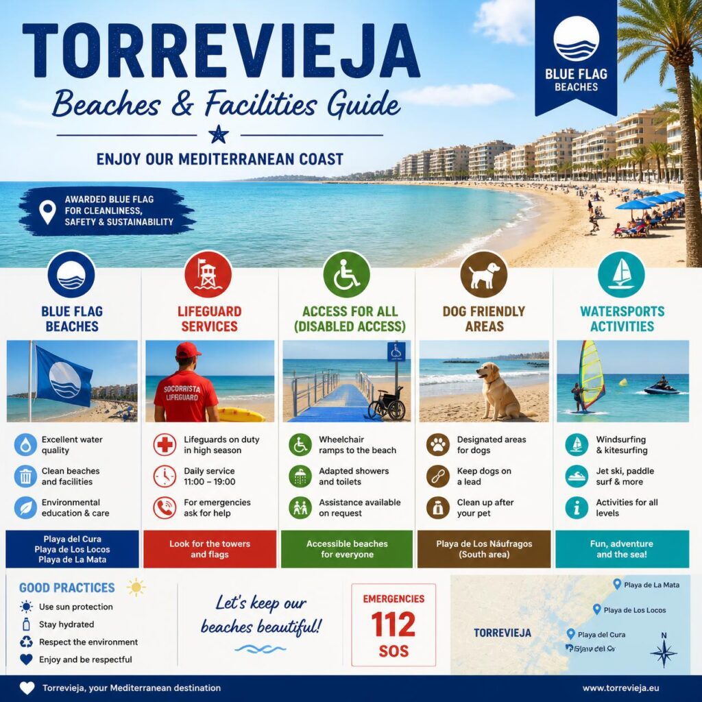 Informative-beach-facilities-guide-torrevieja-showing-Blue-Flag-beaches